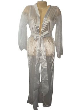Silky Lace Trim Long White Satin Robe